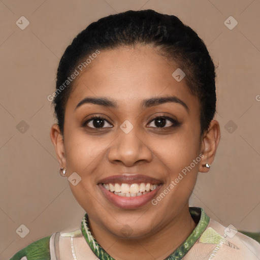 Joyful latino young-adult female with short  brown hair and brown eyes