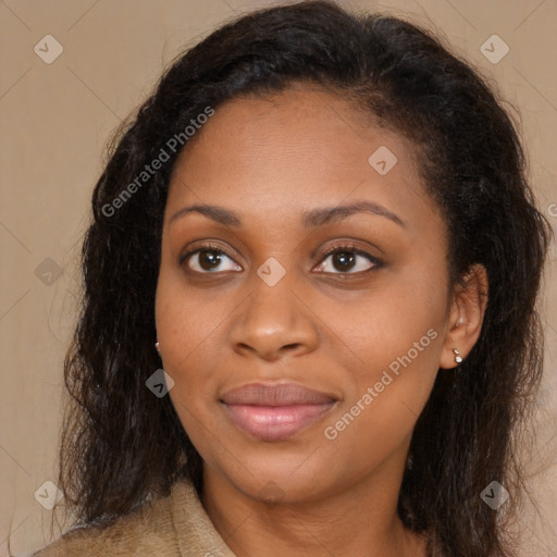 Joyful black young-adult female with medium  brown hair and brown eyes