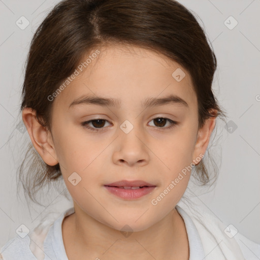 Joyful white child female with medium  brown hair and brown eyes