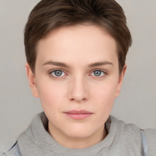 Neutral white young-adult female with short  brown hair and grey eyes