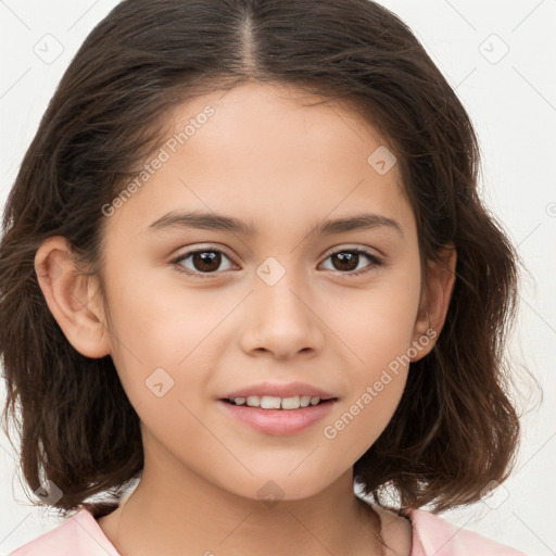 Joyful white child female with medium  brown hair and brown eyes