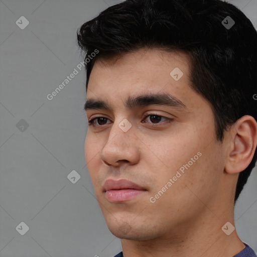 Neutral white young-adult male with short  black hair and brown eyes