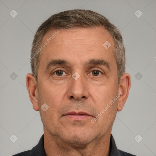 Neutral white middle-aged male with short  brown hair and brown eyes