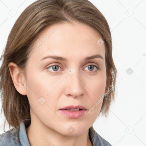 Neutral white young-adult female with medium  brown hair and grey eyes