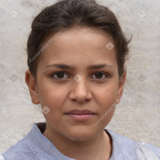 Joyful white child female with short  brown hair and brown eyes