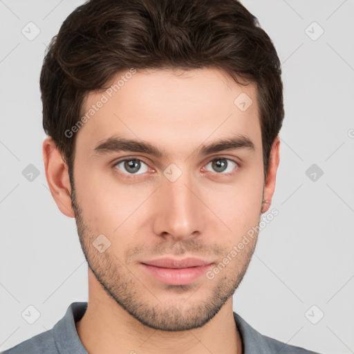 Neutral white young-adult male with short  brown hair and brown eyes