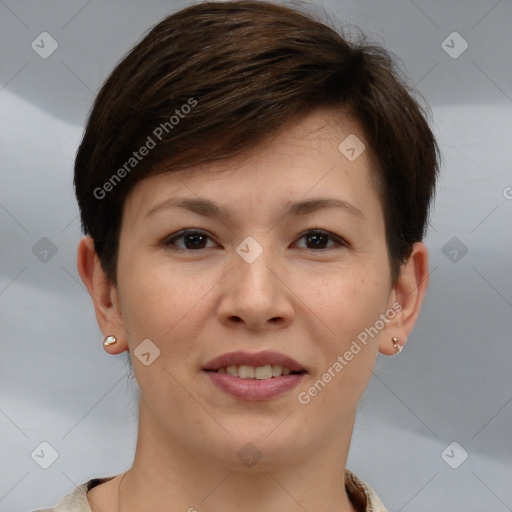 Joyful white young-adult female with short  brown hair and brown eyes