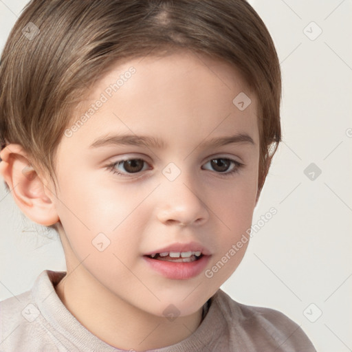 Joyful white child female with short  brown hair and brown eyes