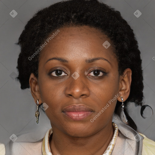 Joyful black young-adult female with long  brown hair and brown eyes