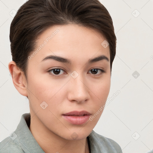 Neutral white young-adult female with medium  brown hair and brown eyes