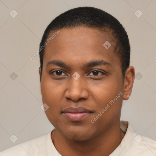Joyful black young-adult male with short  black hair and brown eyes