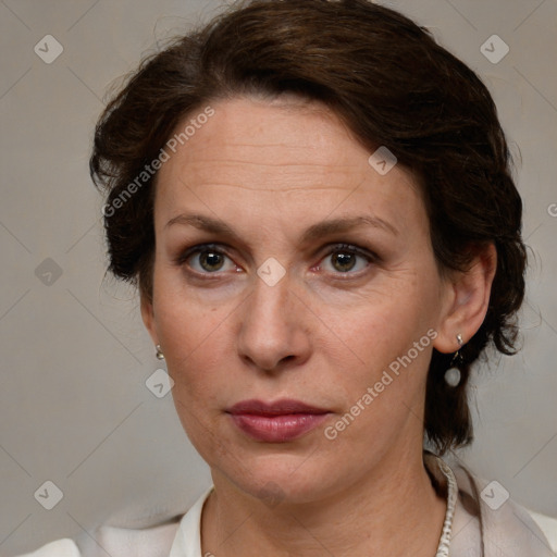 Neutral white adult female with medium  brown hair and brown eyes