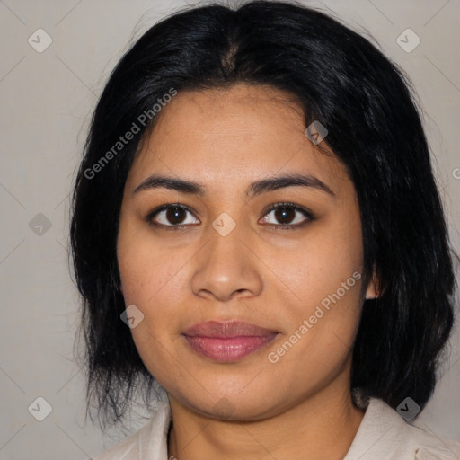 Joyful latino young-adult female with medium  black hair and brown eyes