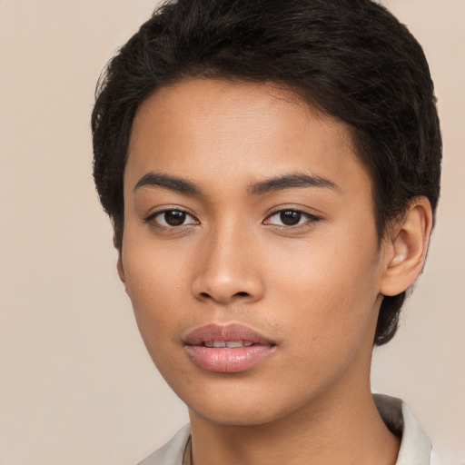 Neutral asian young-adult female with short  brown hair and brown eyes