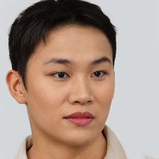 Neutral asian young-adult female with short  brown hair and brown eyes