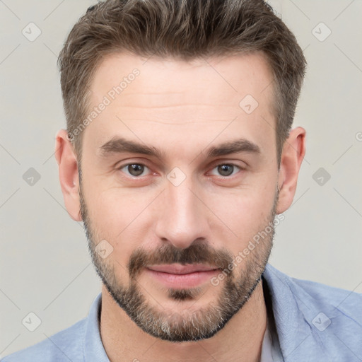 Neutral white young-adult male with short  brown hair and grey eyes