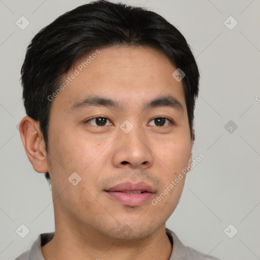 Neutral asian young-adult male with short  brown hair and brown eyes