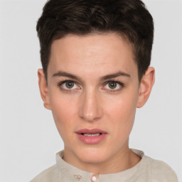 Neutral white young-adult female with short  brown hair and brown eyes