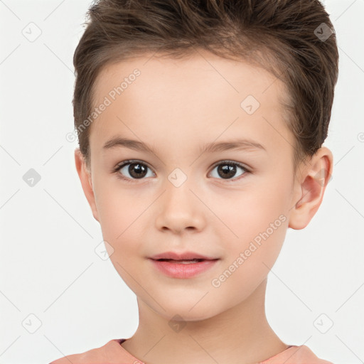 Joyful white child female with short  brown hair and brown eyes