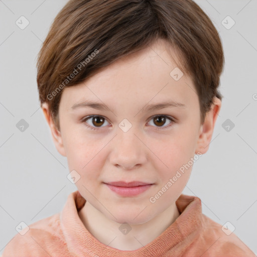 Joyful white child female with short  brown hair and grey eyes