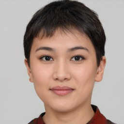 Neutral asian young-adult female with short  brown hair and brown eyes