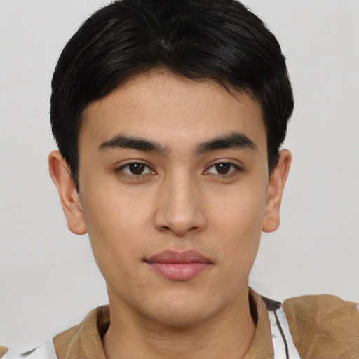Neutral asian young-adult male with short  brown hair and brown eyes