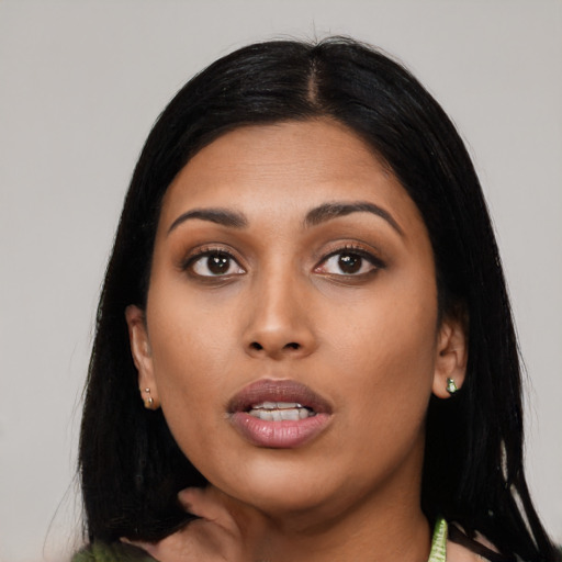 Neutral asian young-adult female with long  black hair and brown eyes