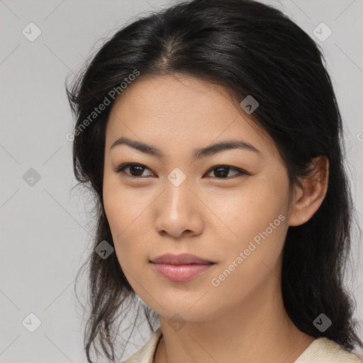 Neutral asian young-adult female with medium  brown hair and brown eyes