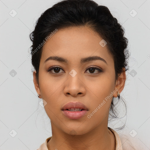 Neutral asian young-adult female with short  brown hair and brown eyes