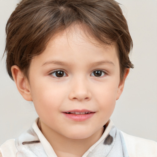 Joyful white child female with short  brown hair and brown eyes