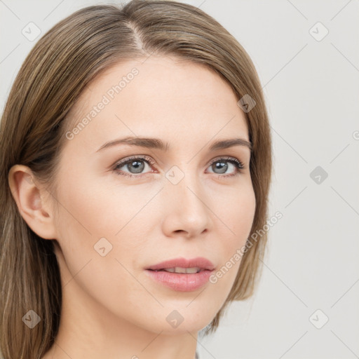 Neutral white young-adult female with medium  brown hair and grey eyes