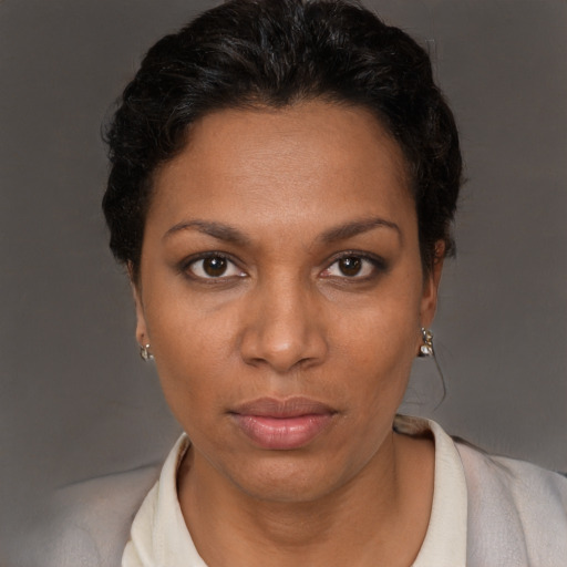 Neutral black adult female with short  brown hair and brown eyes