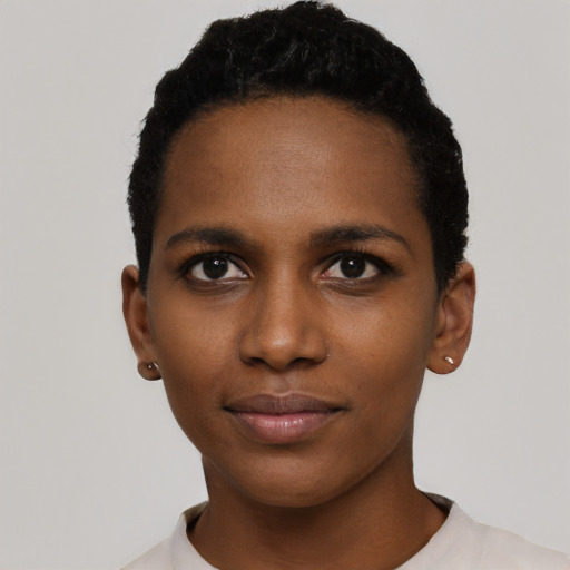 Neutral black young-adult female with short  black hair and brown eyes