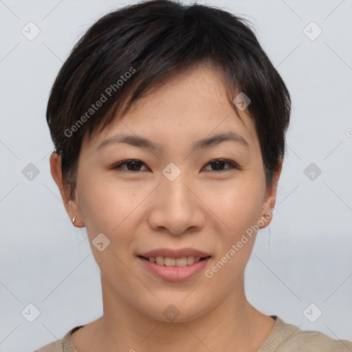 Joyful asian young-adult female with short  brown hair and brown eyes