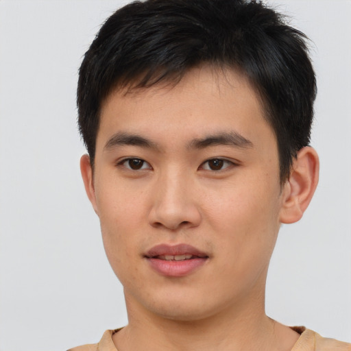 Neutral asian young-adult male with short  brown hair and brown eyes
