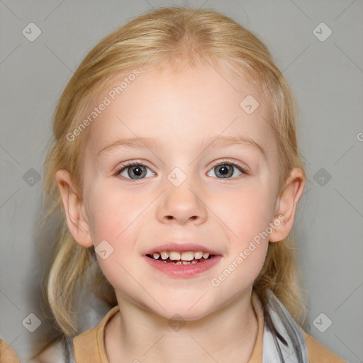 Joyful white child female with medium  brown hair and blue eyes