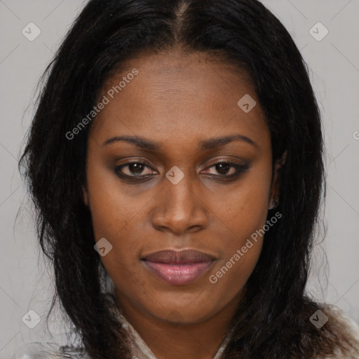 Joyful latino young-adult female with long  brown hair and brown eyes