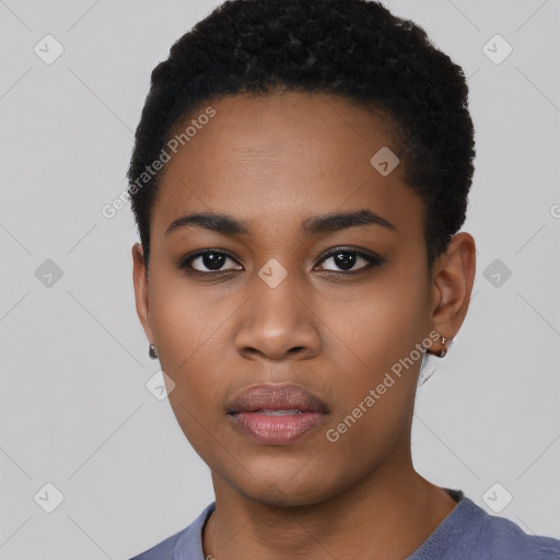 Neutral black young-adult female with short  black hair and brown eyes