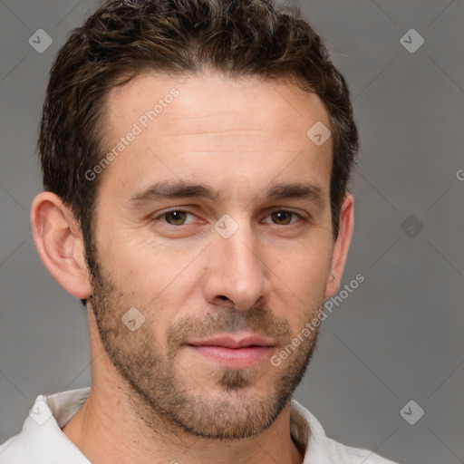 Neutral white adult male with short  brown hair and brown eyes