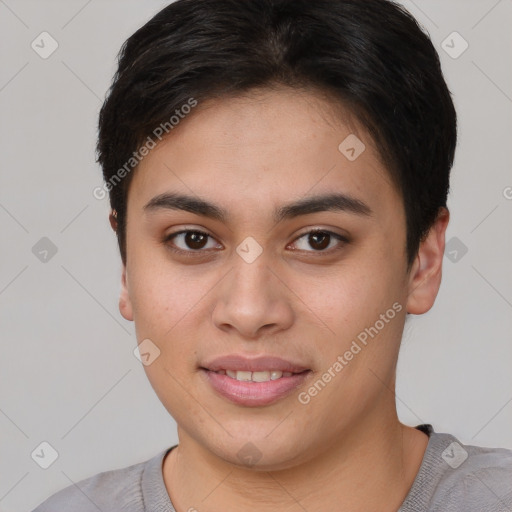 Joyful white young-adult female with short  brown hair and brown eyes