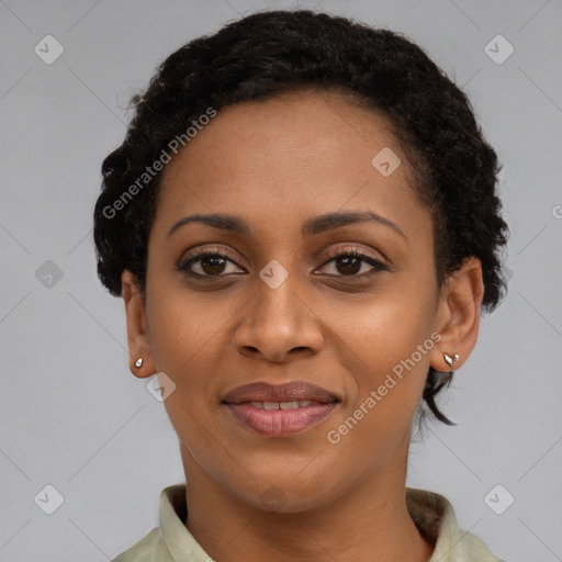 Joyful latino young-adult female with short  brown hair and brown eyes