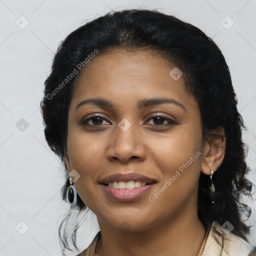 Joyful latino young-adult female with medium  black hair and brown eyes