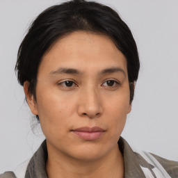 Neutral asian young-adult female with medium  brown hair and brown eyes