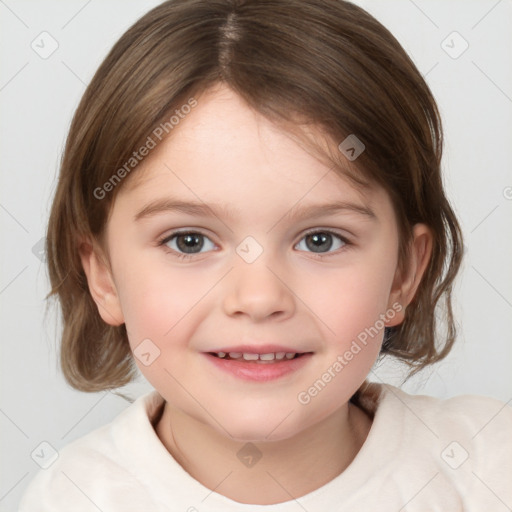 Joyful white child female with medium  brown hair and brown eyes