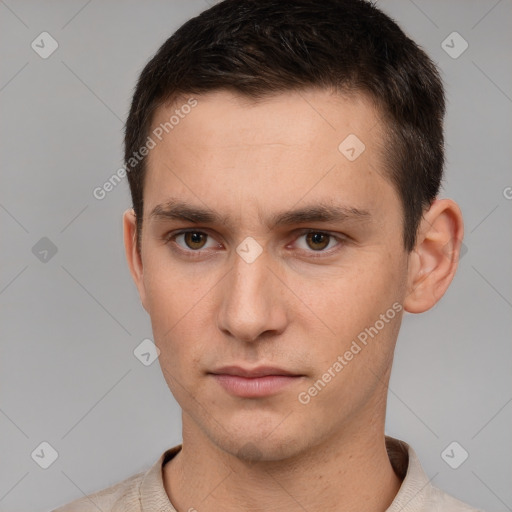 Neutral white young-adult male with short  brown hair and brown eyes