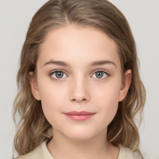 Neutral white child female with medium  brown hair and grey eyes