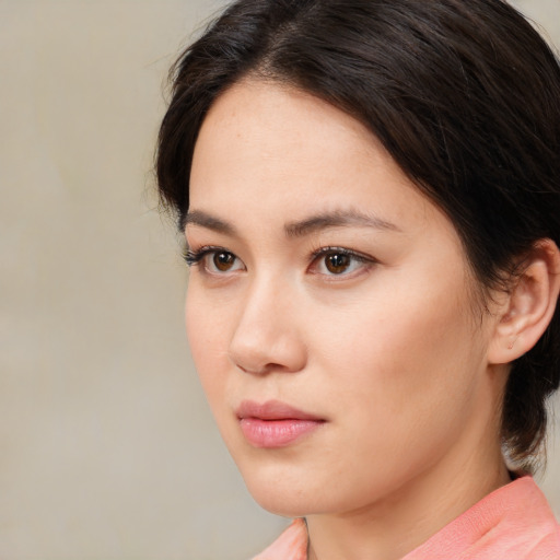 Neutral white young-adult female with medium  brown hair and brown eyes