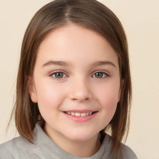 Joyful white child female with medium  brown hair and brown eyes