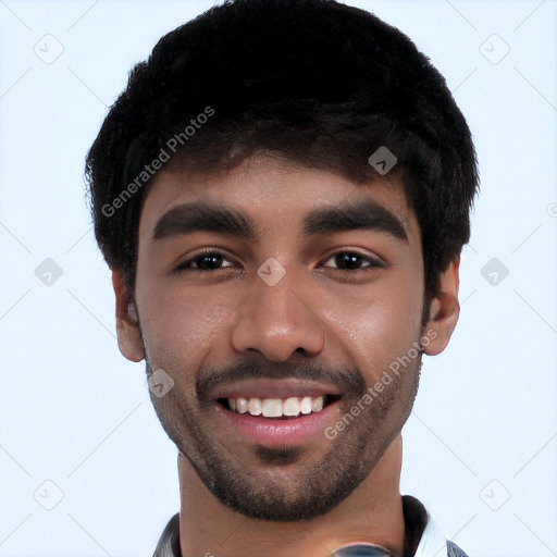 Joyful white young-adult male with short  black hair and brown eyes