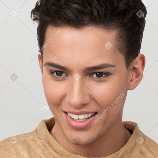 Joyful white young-adult female with short  brown hair and brown eyes